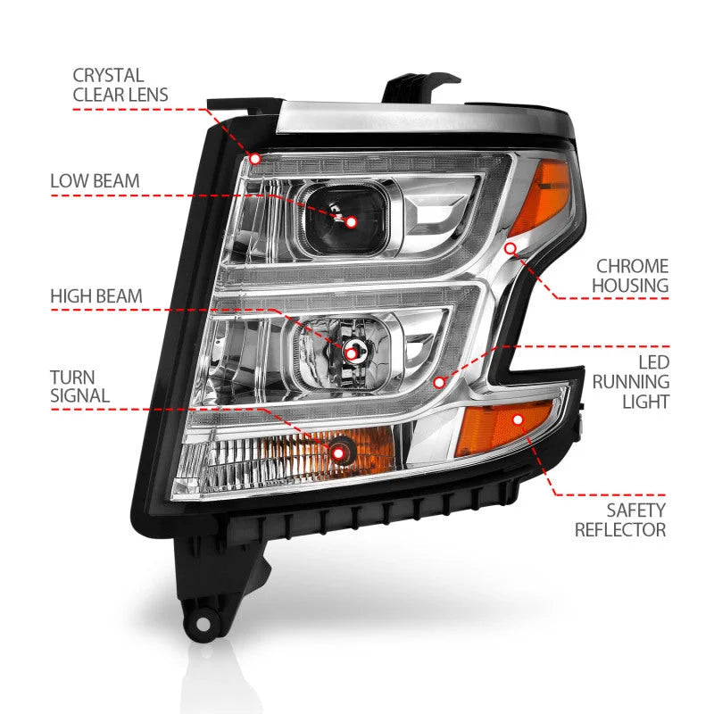 ANZO 2015-2020 Chevy Tahoe Projector Headlights Plank Style Chrome w/DRL - Installation View