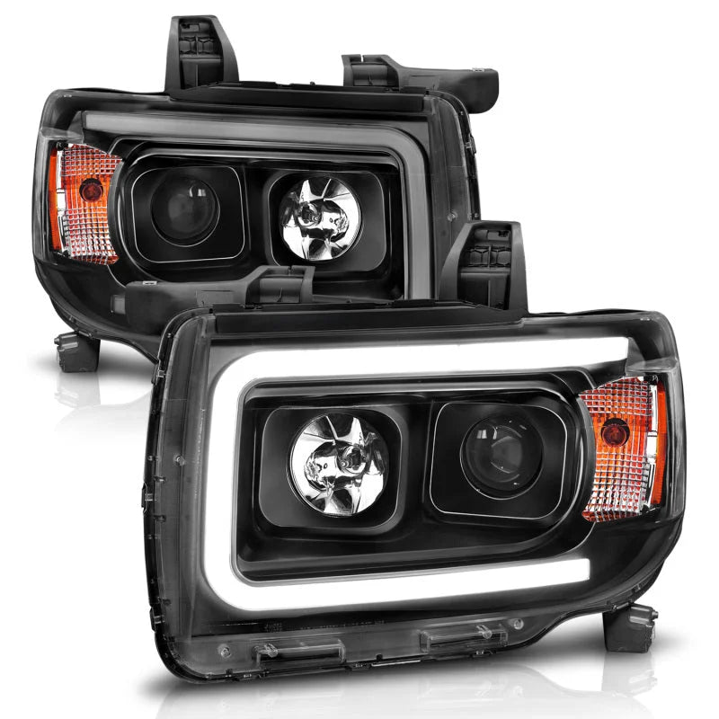 ANZO 2015+ GMC Canyon Projector Headlights w/ Plank Style Design Black w/ Amber - Back View