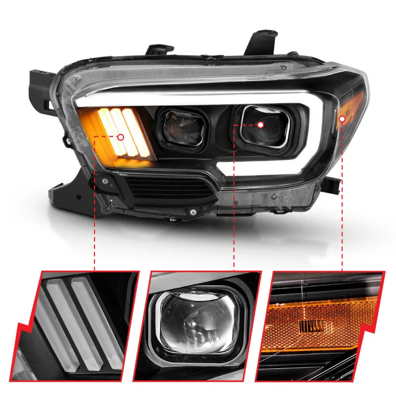 ANZO 2016-2017 Toyota Tacoma Projector Headlights w/ Plank Style Design Black/Amber w/ DRL - Back View