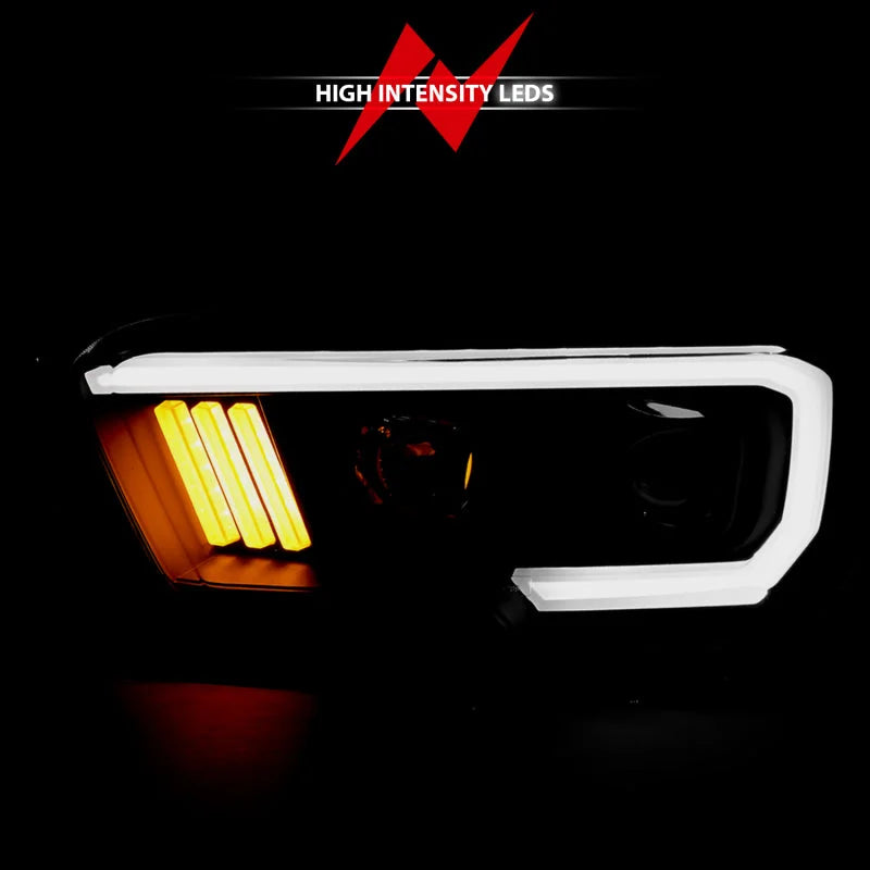 ANZO 2016-2017 Toyota Tacoma Projector Headlights w/ Plank Style Design Black/Amber w/ DRL - Installation View