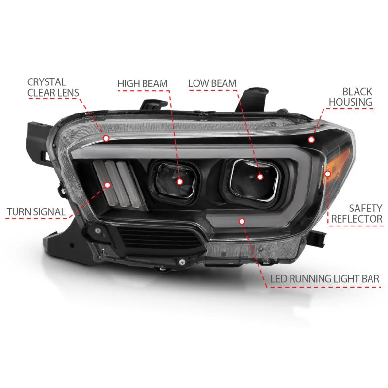 ANZO 2016-2017 Toyota Tacoma Projector Headlights w/ Plank Style Design Black/Amber w/ DRL - Additional View 5