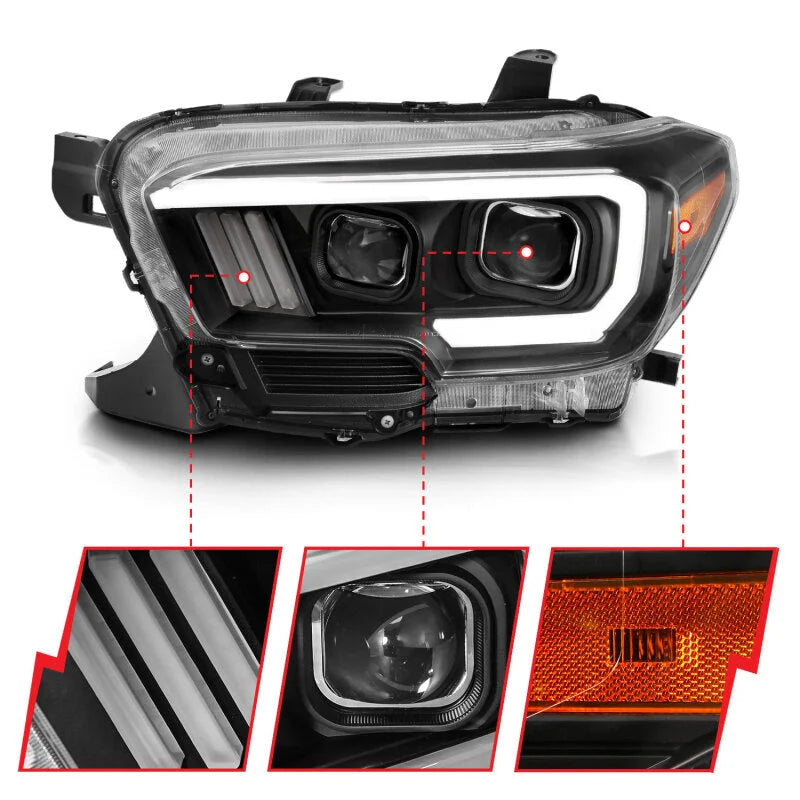 ANZO 2016-2017 Toyota Tacoma Projector Headlights w/ Plank Style Switchback Black w/ Amber - Back View