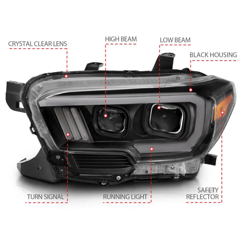 ANZO 2016-2017 Toyota Tacoma Projector Headlights w/ Plank Style Switchback Black w/ Amber - Additional View 6