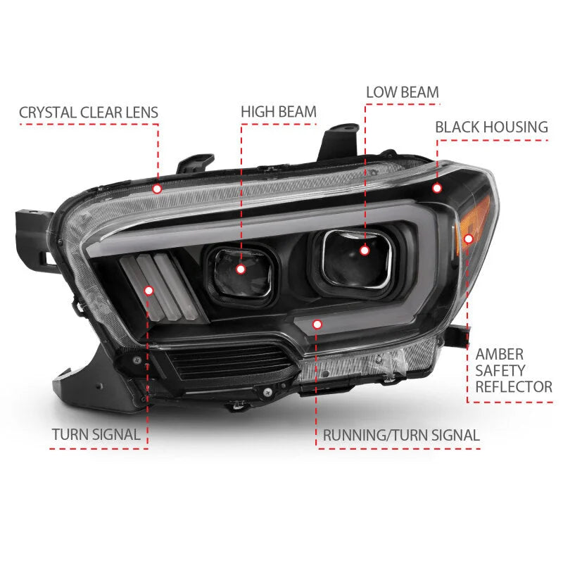 ANZO 2016-2017 Toyota Tacoma Projector Headlights w/ Plank Style Switchback Black w/ Amber w/ DRL - Side View