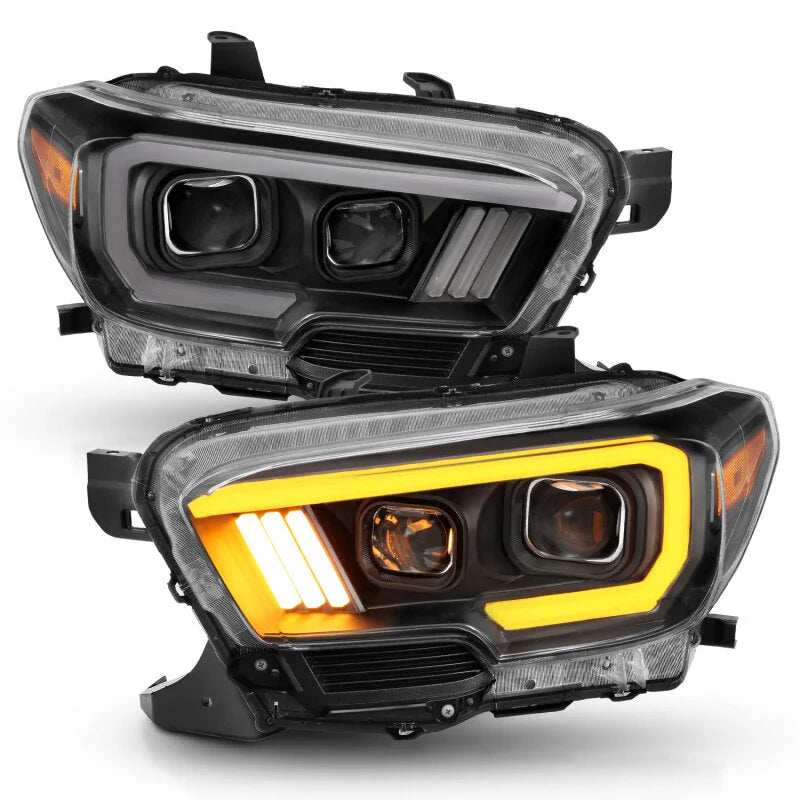 ANZO 2016-2017 Toyota Tacoma Projector Headlights w/ Plank Style Switchback Black w/ Amber w/ DRL - Back View