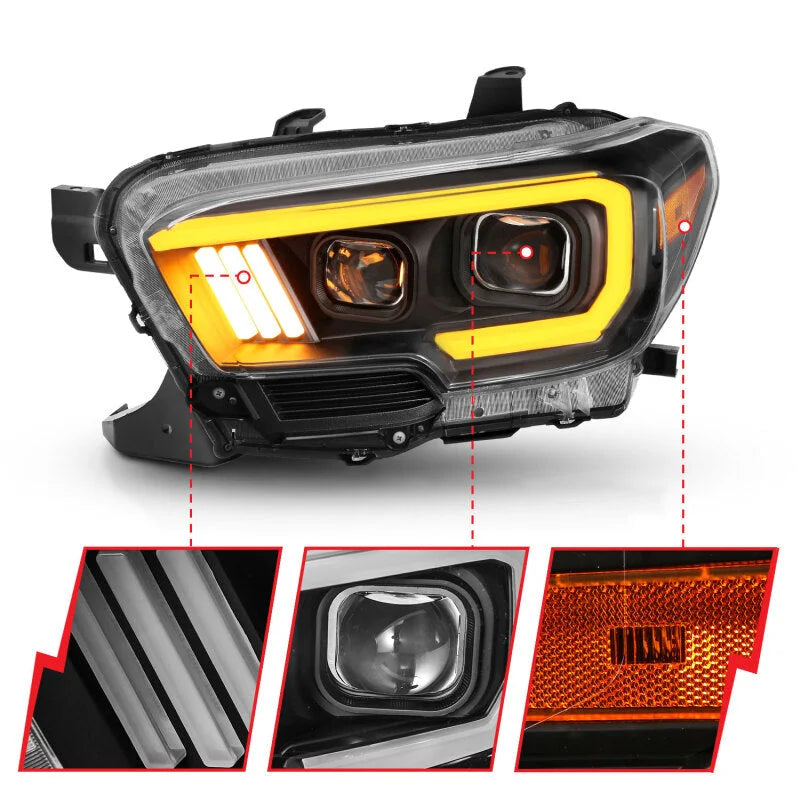 ANZO 2016-2017 Toyota Tacoma Projector Headlights w/ Plank Style Switchback Black w/ Amber w/ DRL - Installation View