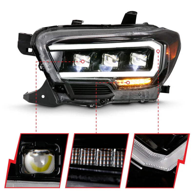 ANZO 2016-2018 Toyota Tacoma LED Projector Headlights Plank Style Black w/ Amber - Back View