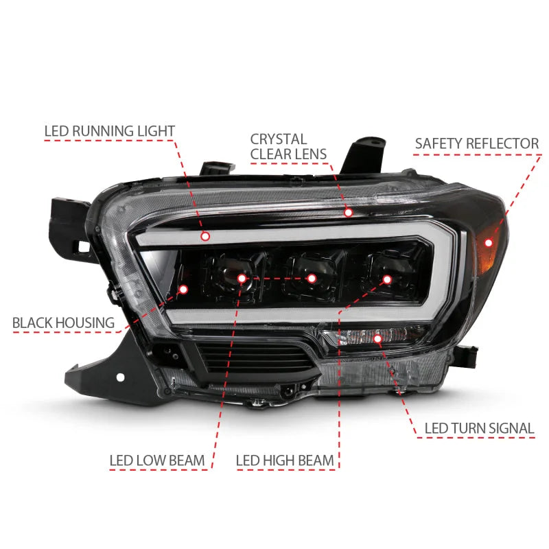 ANZO 2016-2018 Toyota Tacoma LED Projector Headlights Plank Style Black w/ Amber - Installation View