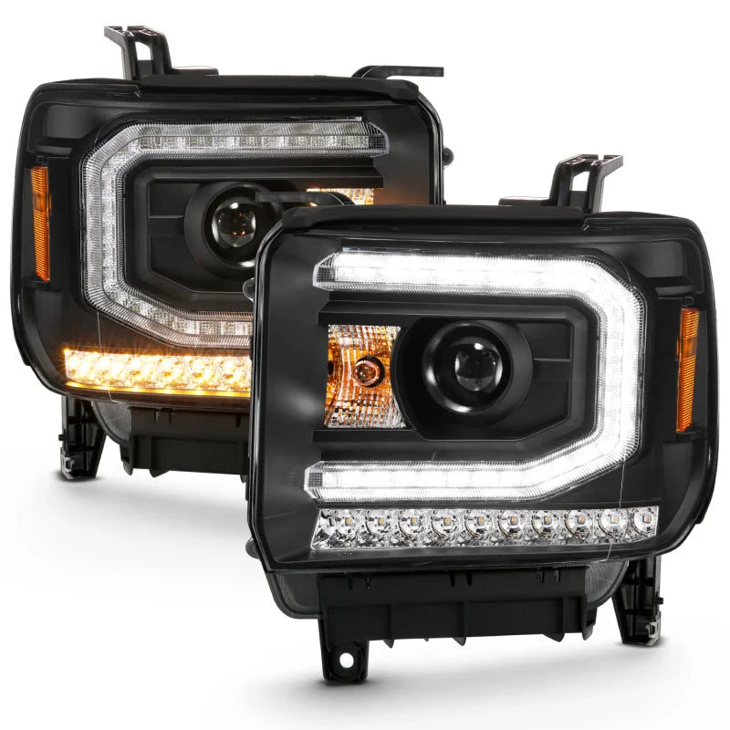 ANZO 2016-2019 Gmc Sierra 1500 Projector Headlight Plank Style Black w/ Sequential Amber Signal - Side View