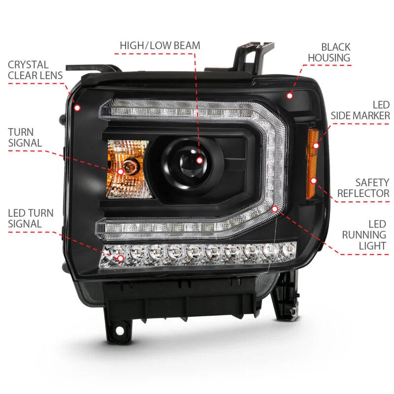 ANZO 2016-2019 Gmc Sierra 1500 Projector Headlight Plank Style Black w/ Sequential Amber Signal - Additional View 6