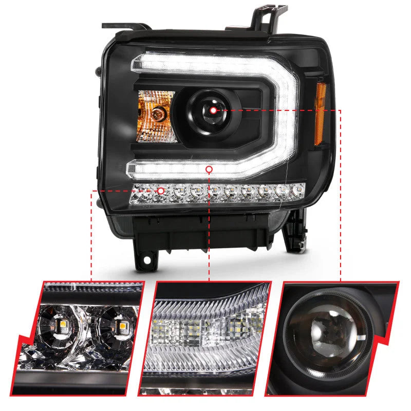 ANZO 2016-2019 Gmc Sierra 1500 Projector Headlight Plank Style Black w/ Sequential Amber Signal - Additional View 7
