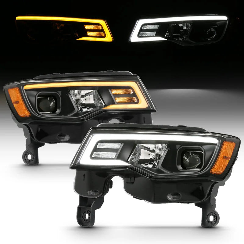 ANZO 2017-2018 Jeep Grand Cherokee Projector Headlights w/ Plank Style Switchback - Black w/ Amber - Main Product View