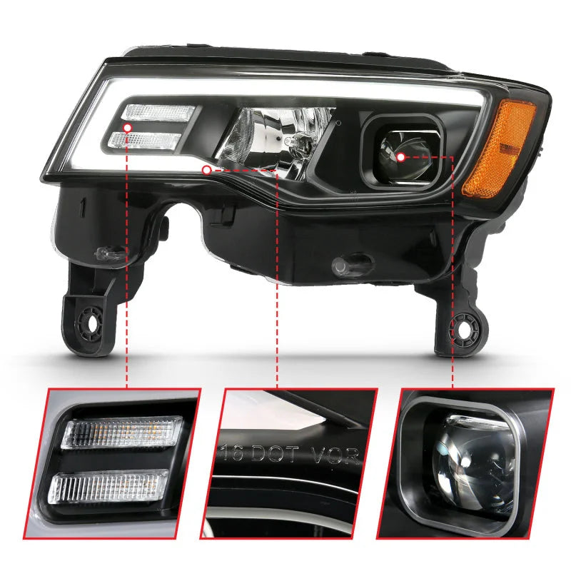 ANZO 2017-2018 Jeep Grand Cherokee Projector Headlights w/ Plank Style Switchback - Black w/ Amber - Installation View