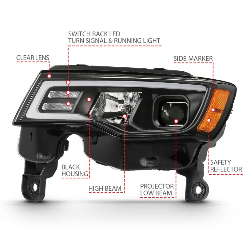 ANZO 2017-2018 Jeep Grand Cherokee Projector Headlights w/ Plank Style Switchback - Black w/ Amber - Additional View 7