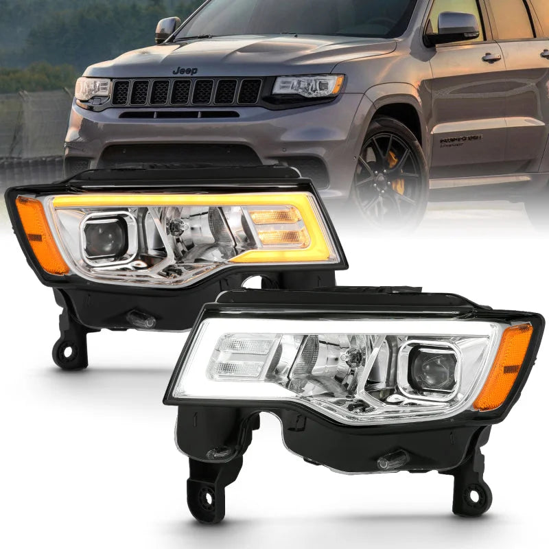 ANZO 2017-2018 Jeep Grand Cherokee Projector Headlights w/ Plank Style Switchback - Chrome w/ Amber - Main Product View