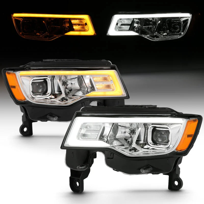 ANZO 2017-2018 Jeep Grand Cherokee Projector Headlights w/ Plank Style Switchback - Chrome w/ Amber - Side View