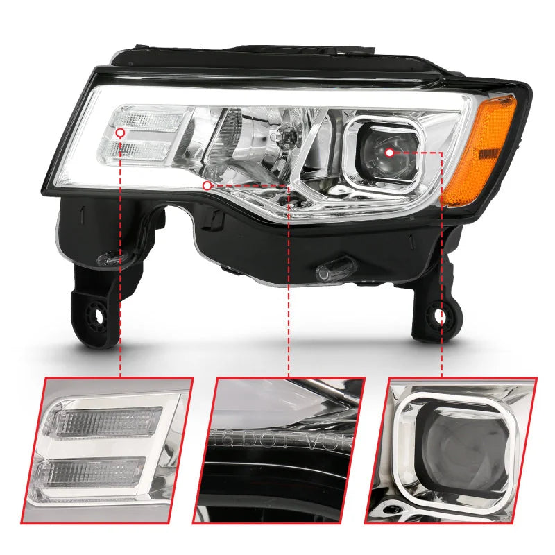 ANZO 2017-2018 Jeep Grand Cherokee Projector Headlights w/ Plank Style Switchback - Chrome w/ Amber - Back View