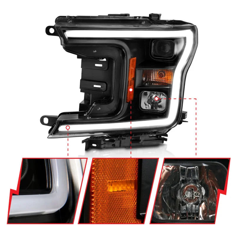 ANZO 2018-2019 Ford F-150 Projector Plank Style H.L. Black Amber (Without Switchback) - Back View