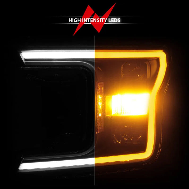 ANZO 2018-2020 Ford F-150 Projector Headlight w/ Plank Style Switchback Black Housing - Side View