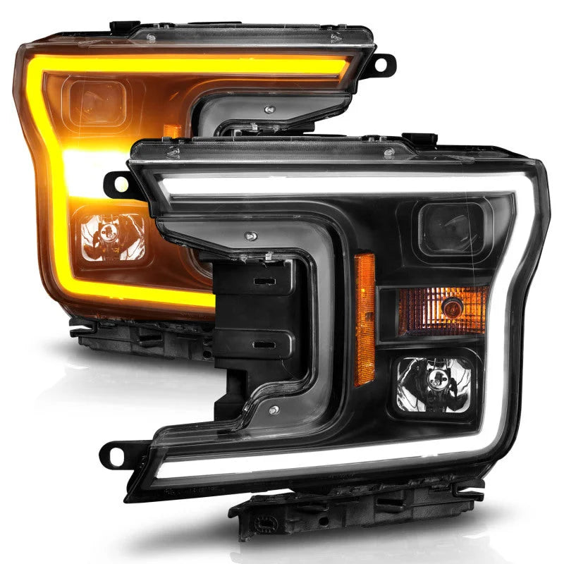 ANZO 2018-2020 Ford F-150 Projector Headlight w/ Plank Style Switchback Black Housing - Back View