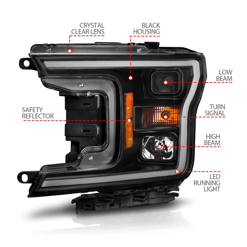 ANZO 2018-2020 Ford F-150 Projector Headlight w/ Plank Style Switchback Black Housing - Additional View 7