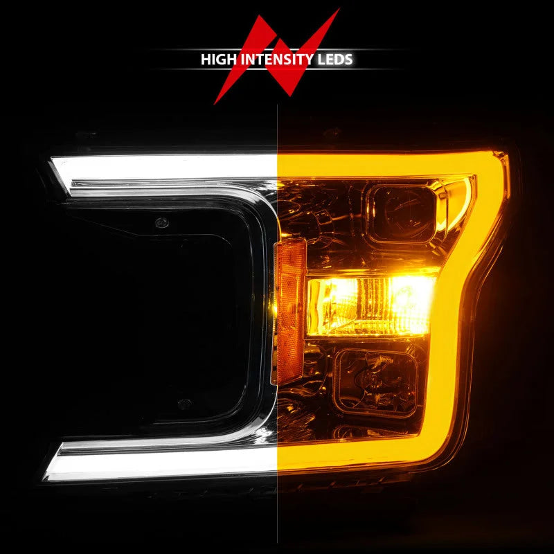ANZO 2018-2020 Ford F-150 Projector Headlight w/Plank Style Switchback Chrome Housing - Installation View