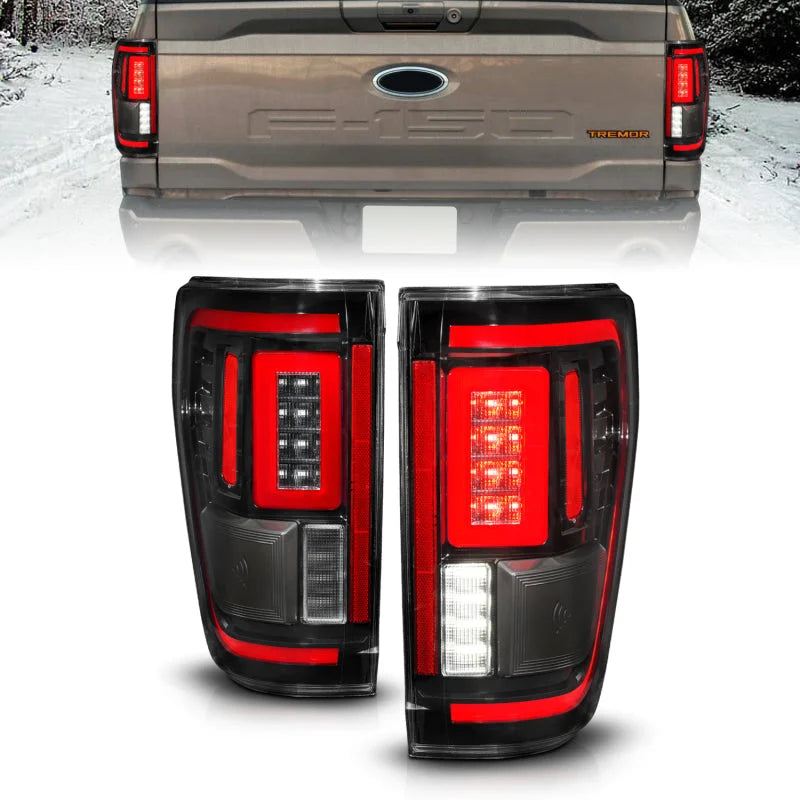 ANZO 21-23 Ford F-150 LED Taillights Seq. Signal w/BLIS Cover - Black (For Factory Halogen ONLY) - Main Product View