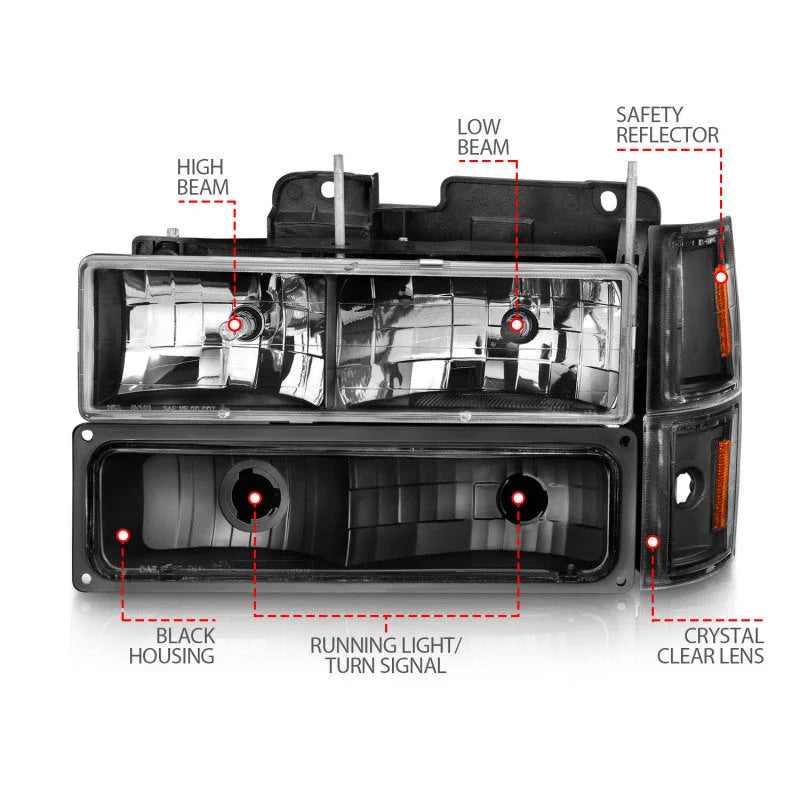 ANZO 88-98 Chevrolet C1500 Crystal Headlights Black - Back View