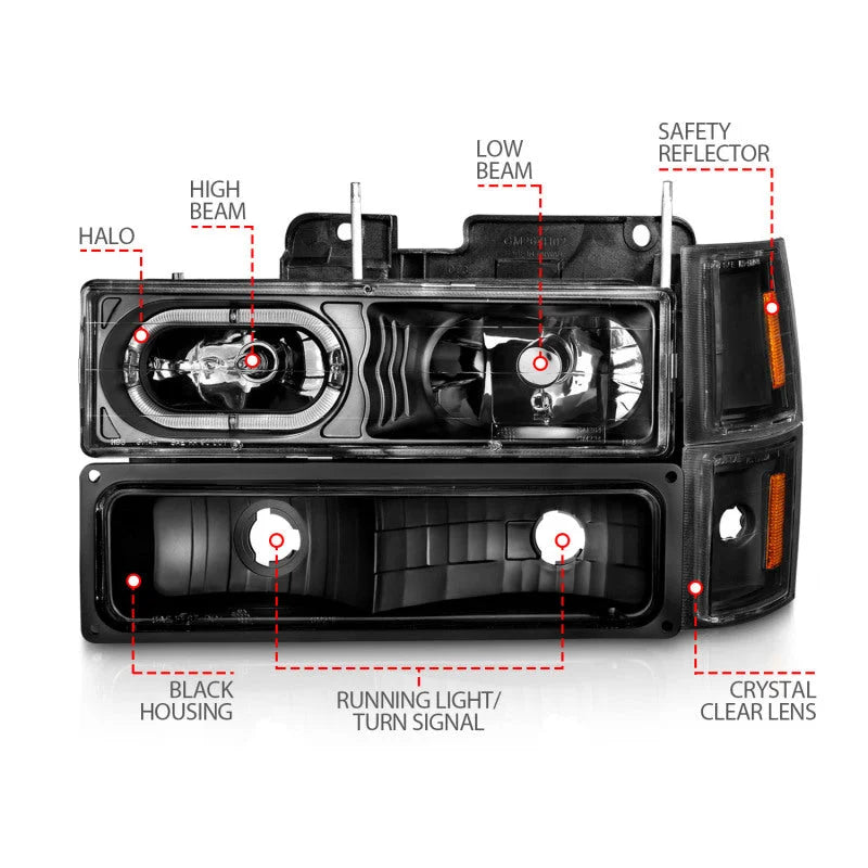 ANZO 88-98 Chevrolet C1500 Crystal Headlights Black Housing w/ Signal and Side Marker Lights - Back View