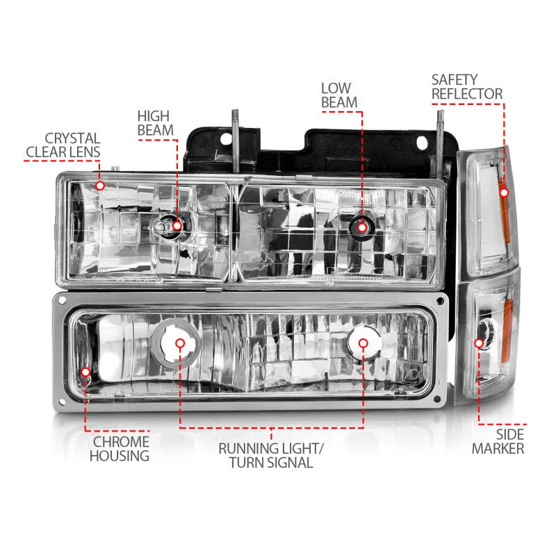 ANZO 88-98 Chevrolet C1500 Crystal Headlights Chrome w/ Signal and Side Marker Lights - Side View
