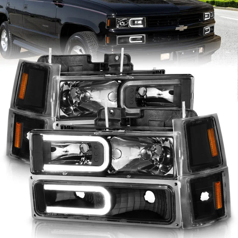 ANZO 88-98 Chevrolet C1500 Crystal Headlights w/ Light Bar Black Housing w/ Signal Side Markers 8Pcs - Main Product View