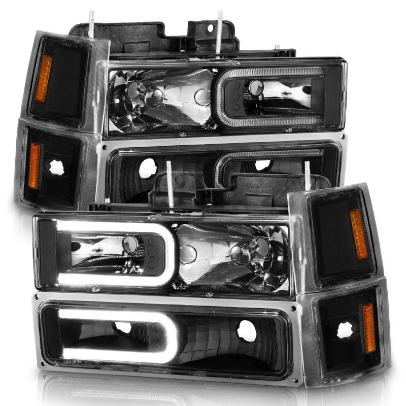ANZO 88-98 Chevrolet C1500 Crystal Headlights w/ Light Bar Black Housing w/ Signal Side Markers 8Pcs - Side View