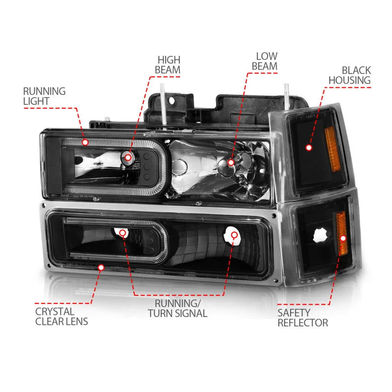 ANZO 88-98 Chevrolet C1500 Crystal Headlights w/ Light Bar Black Housing w/ Signal Side Markers 8Pcs - Additional View 5