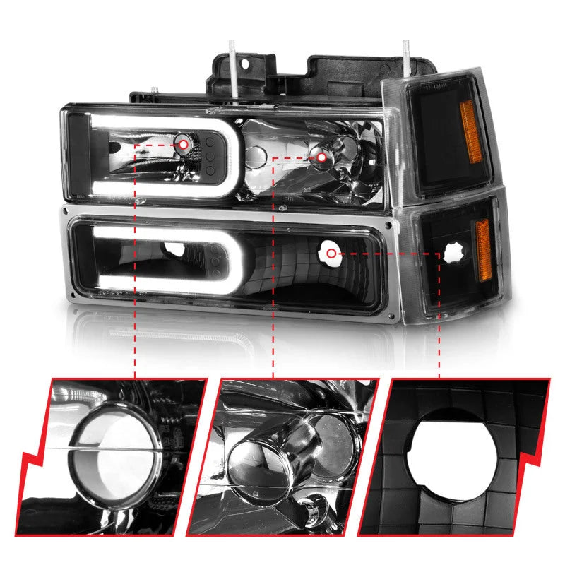 ANZO 88-98 Chevrolet C1500 Crystal Headlights w/ Light Bar Black Housing w/ Signal Side Markers 8Pcs - Additional View 6