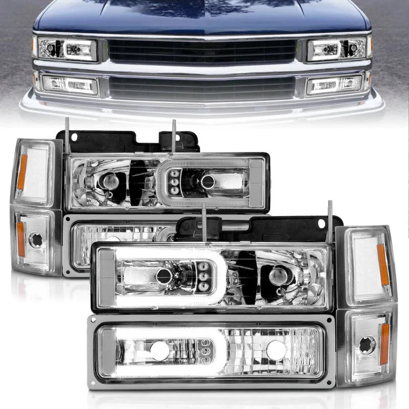ANZO 88-98 Chevrolet C1500 Crystal Headlights w/Light Bar Chrome Housing w/ Signal Side Markers 8Pcs - Main Product View