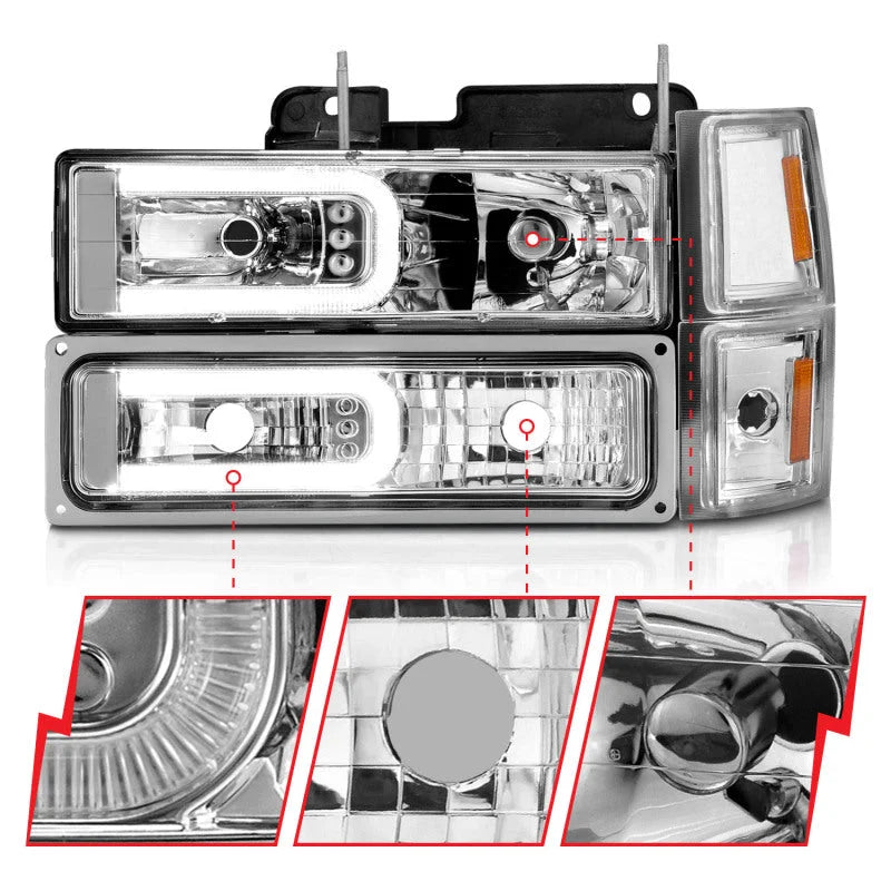 ANZO 88-98 Chevrolet C1500 Crystal Headlights w/Light Bar Chrome Housing w/ Signal Side Markers 8Pcs - Side View