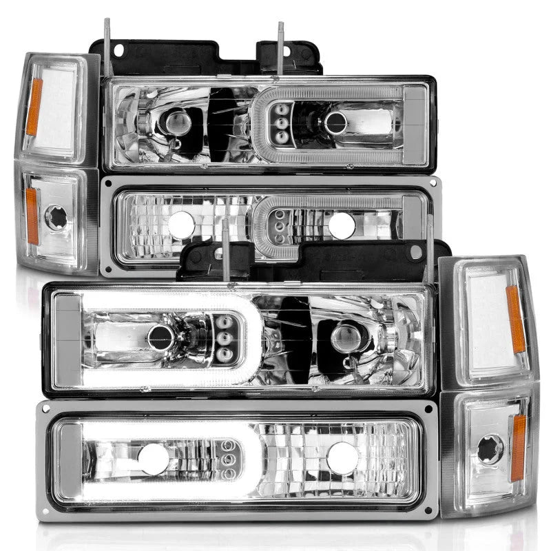 ANZO 88-98 Chevrolet C1500 Crystal Headlights w/Light Bar Chrome Housing w/ Signal Side Markers 8Pcs - Installation View