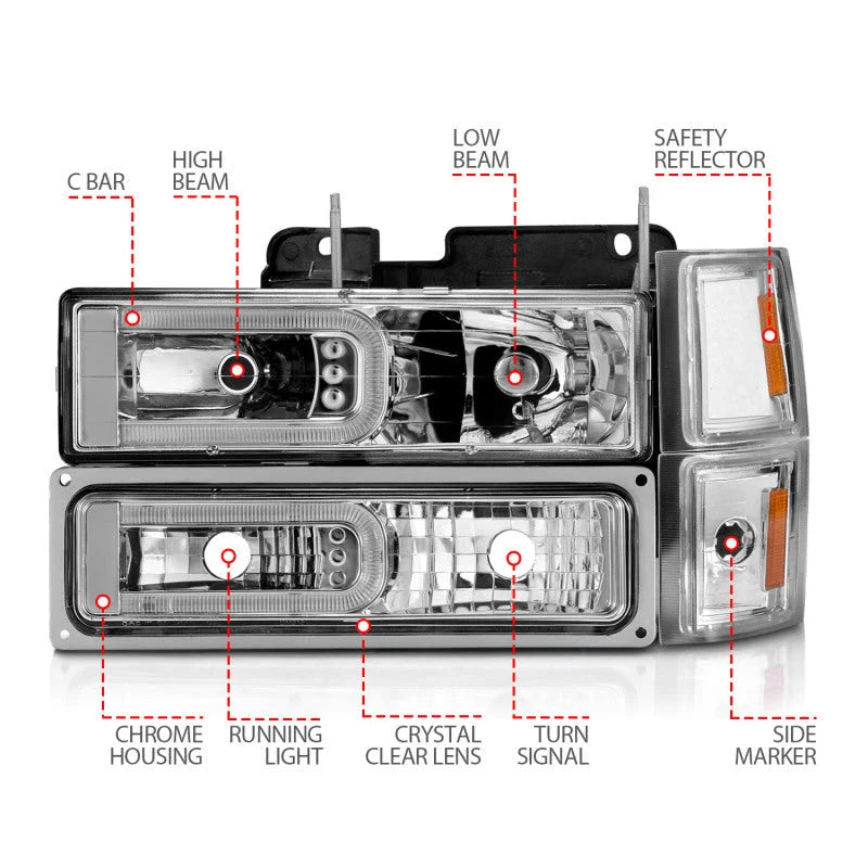 ANZO 88-98 Chevrolet C1500 Crystal Headlights w/Light Bar Chrome Housing w/ Signal Side Markers 8Pcs - Additional View 5