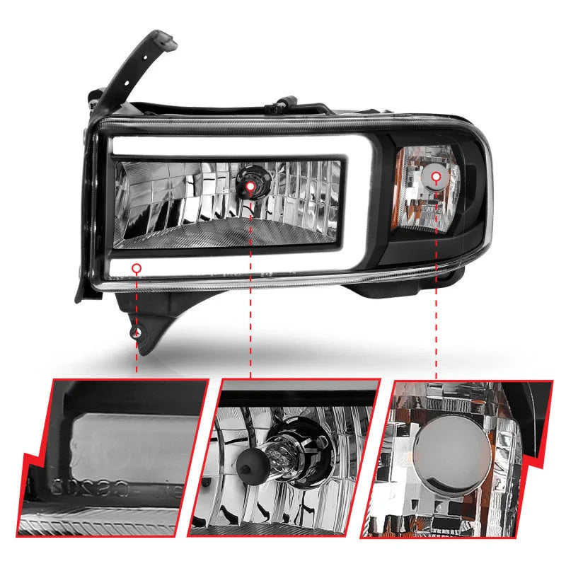 ANZO 94-02 Dodge RAM Crystal Headlight - w/ Light Bar Black Housing - Additional View 5