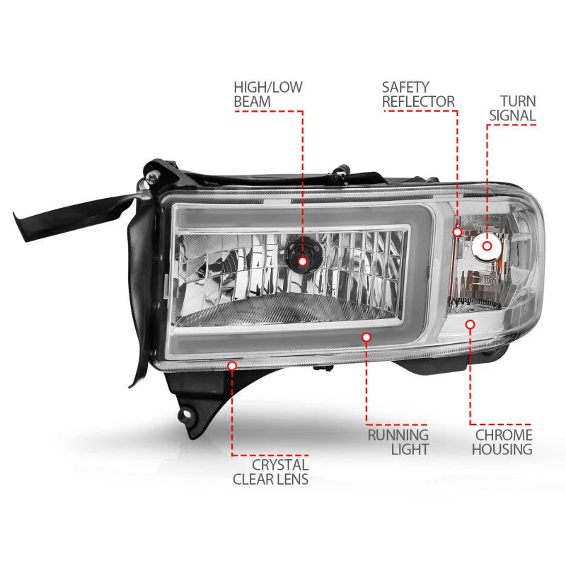 ANZO 94-02 Dodge RAM Crystal Headlight - w/ Light Bar Chrome Housing - Back View