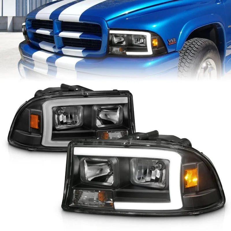 ANZO 97-04 Dodge Dakota/Durango Crystal headlight Set w/ Light Bar Black Housing - Main Product View