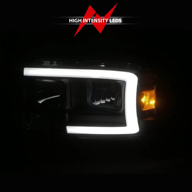 ANZO 97-04 Dodge Dakota/Durango Crystal headlight Set w/ Light Bar Black Housing - Side View