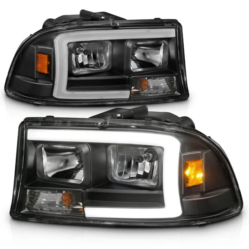 ANZO 97-04 Dodge Dakota/Durango Crystal headlight Set w/ Light Bar Black Housing - Installation View