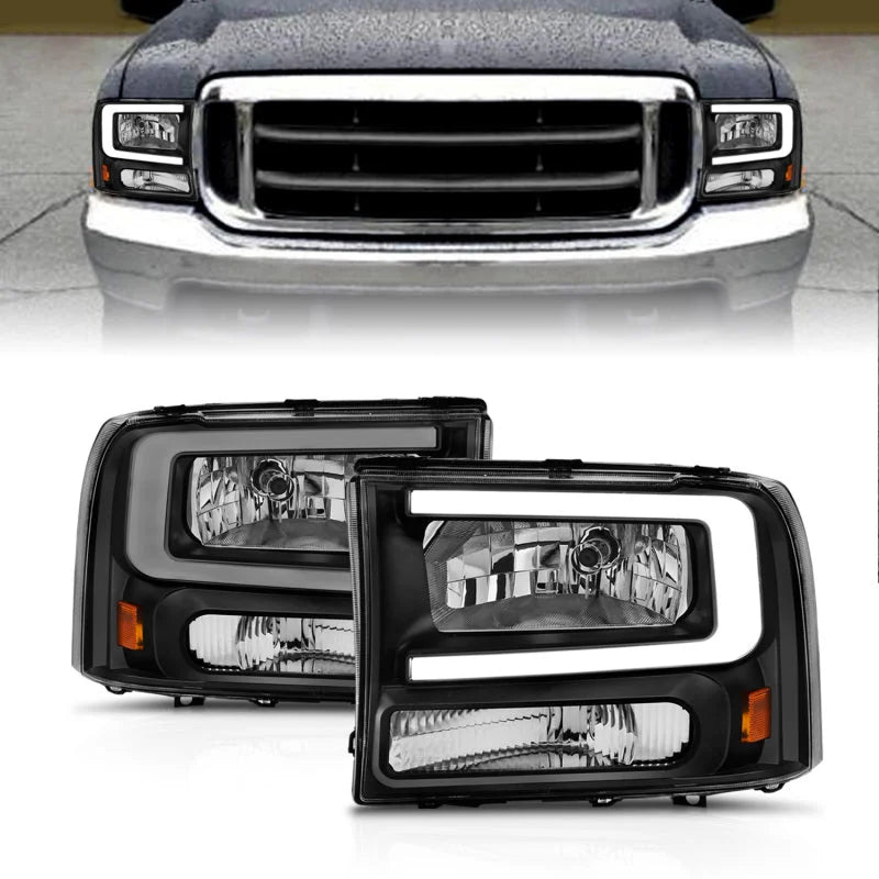 ANZO 99-04 Ford F250/F350/F450/Excursion (excl. 99) Crystal Headlights - w/ Light Bar Black Housing - Main Product View