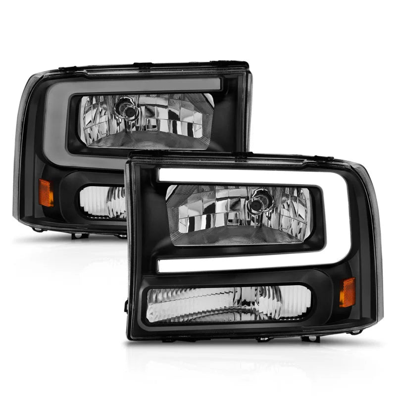 ANZO 99-04 Ford F250/F350/F450/Excursion (excl. 99) Crystal Headlights - w/ Light Bar Black Housing - Side View