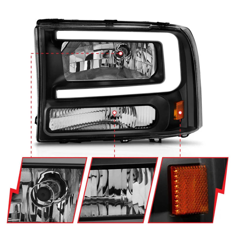 ANZO 99-04 Ford F250/F350/F450/Excursion (excl. 99) Crystal Headlights - w/ Light Bar Black Housing - Additional View 6