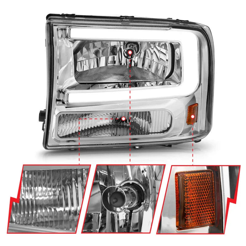 ANZO 99-04 Ford F250/F350/F450/Excursion (excl. 99) Crystal Headlights - w/ Light Bar Chrome Housing - Back View