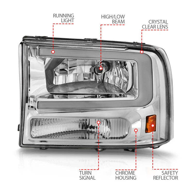 ANZO 99-04 Ford F250/F350/F450/Excursion (excl. 99) Crystal Headlights - w/ Light Bar Chrome Housing - Additional View 5
