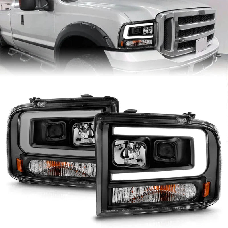 ANZO 99-04 Ford F250/F350/F450/Excursion (excl 99) Projector Headlights - w/ Light Bar Black Housing - Main Product View