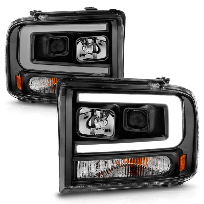 ANZO 99-04 Ford F250/F350/F450/Excursion (excl 99) Projector Headlights - w/ Light Bar Black Housing - Back View